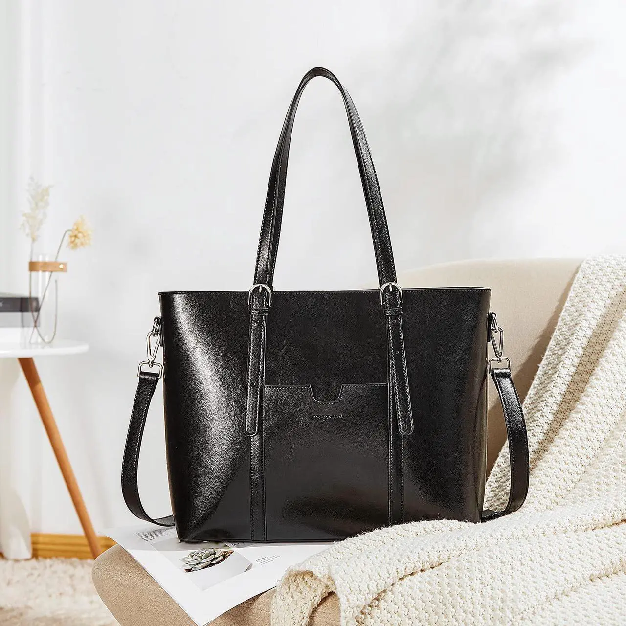 Alt view image 4 of 5 - BOSTANTEN Women Leather Laptop Tote Office Shoulder Handbag Vintage Briefcase 15.6 inch Computer Work Purse