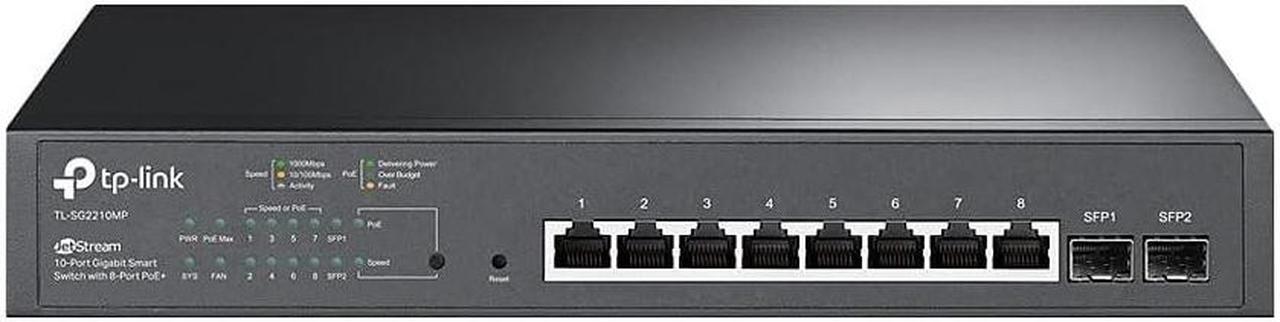 Main image of TP-Link TL-SG2210MP | Jetstream 10 Port Gigabit Smart Managed PoE switch | 8 PoE+ Ports @ 150W, 2 SFP Slots | Support Omada SDN | PoE Recovery | IPv6 | Static Routing | 5 Year Manufacturer Warranty