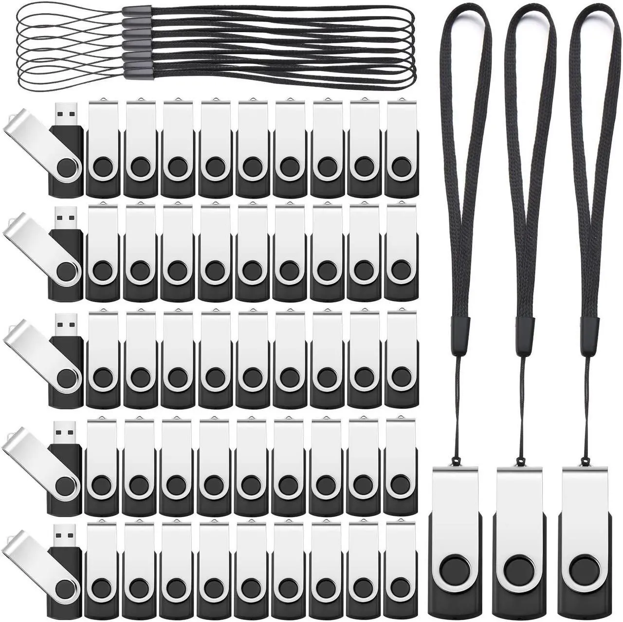 Main image of Aoriher 50 Pack USB 2.0 Flash Drives Bulk, Portable USB Thumb Drives with Lanyards, Swivel Flash Drives Thumb Drives for Office School Data Storage (Black, Silver, 4GB)