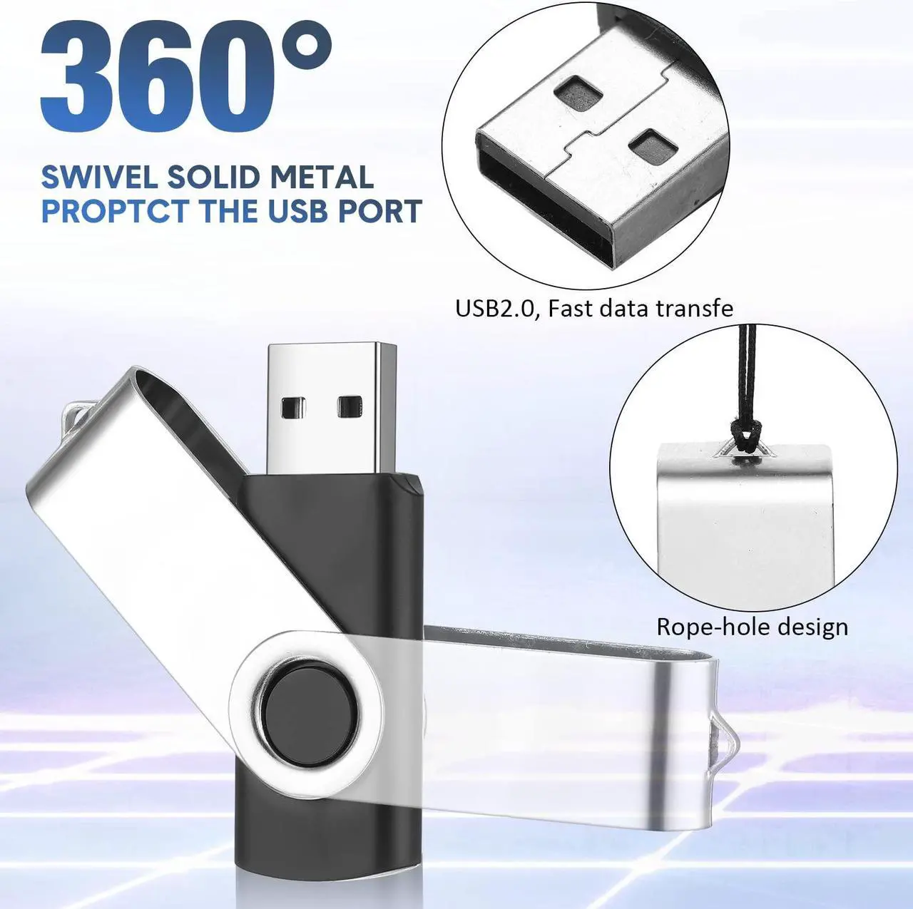 Alt view image 4 of 5 - Aoriher 50 Pack USB 2.0 Flash Drives Bulk, Portable USB Thumb Drives with Lanyards, Swivel Flash Drives Thumb Drives for Office School Data Storage (Black, Silver, 4GB)