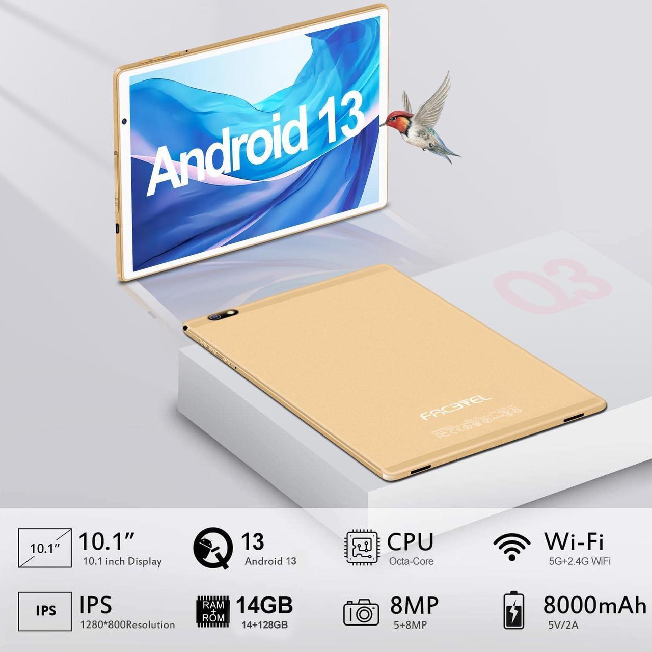 Alt view image 2 of 5 - 2024 Tablet 10 inch Android 13 Tablets with 14GB RAM 128GB ROM, Octa-Core 2.0 GHz, 8000mAh Battery, 5G WiFi, Bluetooth 5.0, HD IPS Touchscreen, 5+8MP Camera Tablet with Keyboard Mouse Case, Gifts Gold