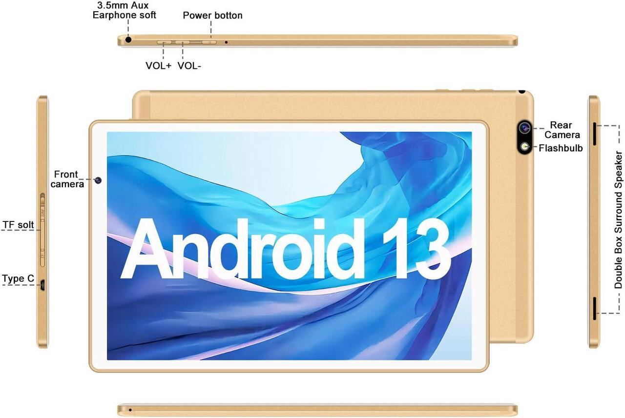 Alt view image 4 of 5 - 2024 Tablet 10 inch Android 13 Tablets with 14GB RAM 128GB ROM, Octa-Core 2.0 GHz, 8000mAh Battery, 5G WiFi, Bluetooth 5.0, HD IPS Touchscreen, 5+8MP Camera Tablet with Keyboard Mouse Case, Gifts Gold