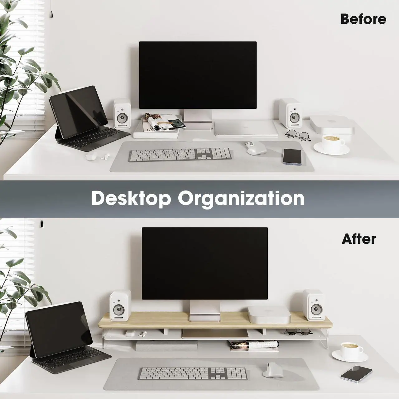 Alt view image 4 of 5 - Fenge Acrylic Monitor Stand Riser, 42.5 Inch Clear Dual Monitor Stand with Metal Storage, 2 Tier Computer Riser for Desk, Laptop, Printer, TV