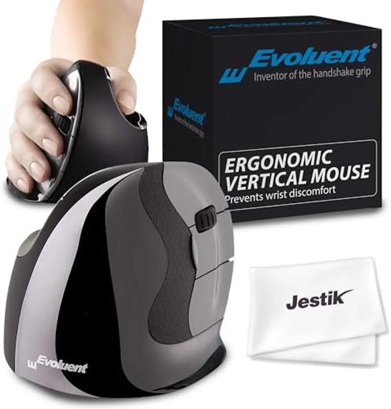 Main image of Evoluent Vertical Mouse D Medium (VMDM) - Ergonomic Wired Mouse for Laptop and PC with Jestik Microfiber Cloth