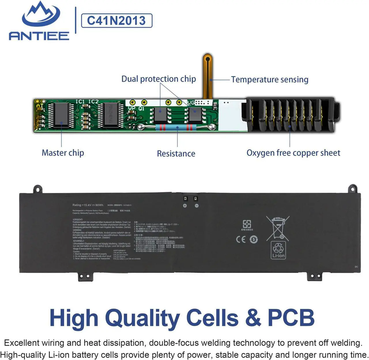 Alt view image 3 of 5 - ANTIEE C41N2013 C41N2013-1 Laptop Battery for ASUS ROG Zephyrus G15 G513 G513QR G513QY G533QS G533 GA503 GA503QM G17 G733 G713 G713QR Zephyrus M16 GU603HE GU603 S17 GX703 GX703HS GX703HSD Series 90Wh
