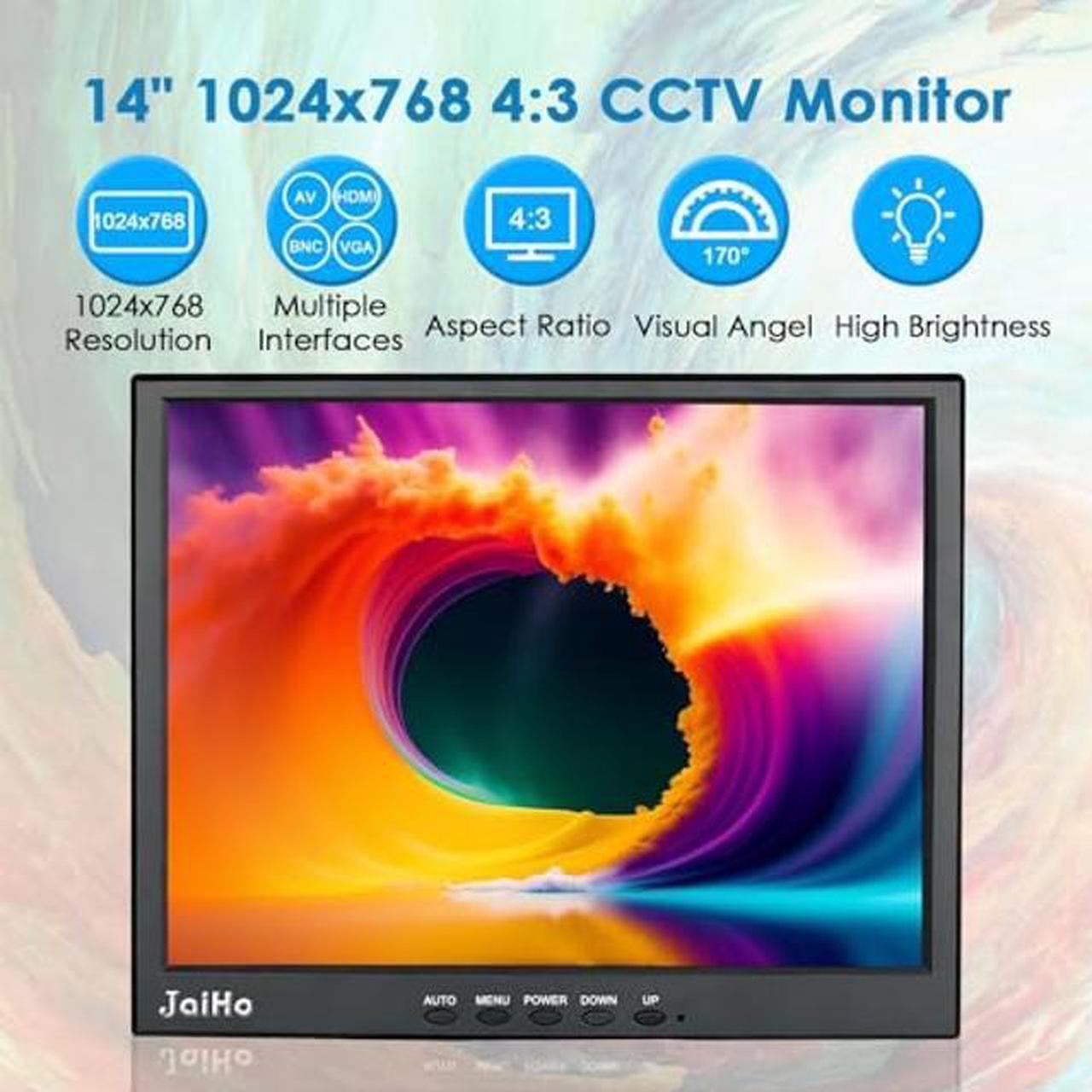 Alt view image 2 of 5 - JaiHo 14 Inch LCD Security CCTV Monitor, 1024x768 4:3 Resolution Color TFT LCD Display Screen with HDMI/VGA/BNC/AV Ports for Surveillance Camera, STB and Other Video Equipment, Built-in Speaker