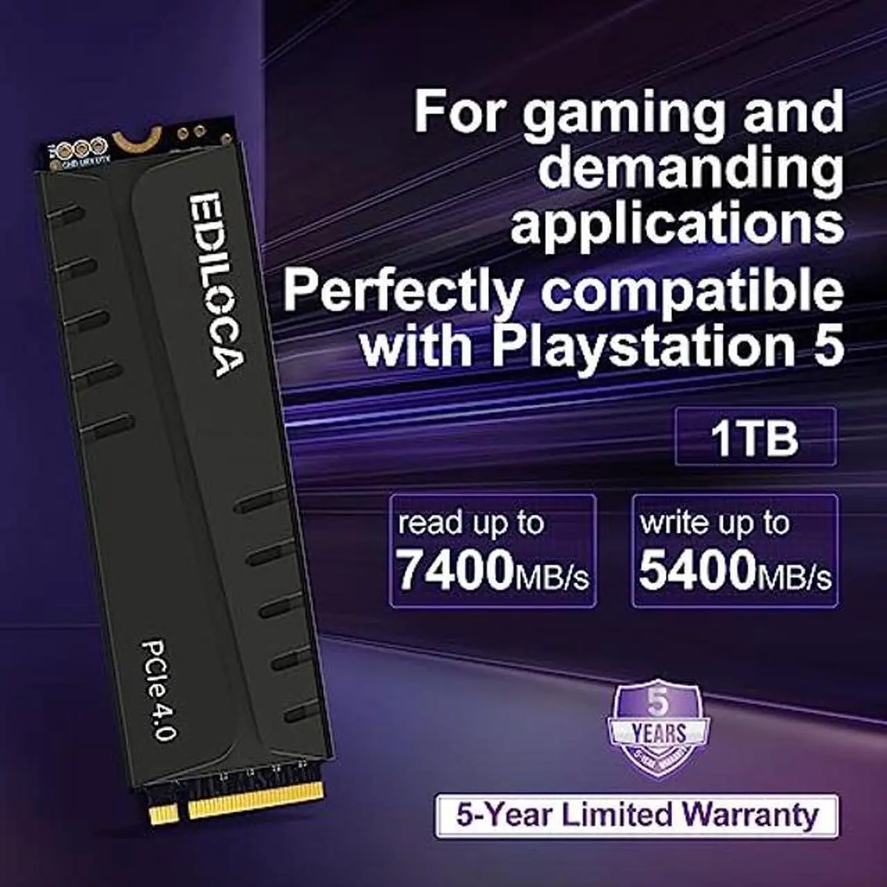 Alt view image 3 of 5 - Ediloca EN855 Internal Gaming SSD with Heatsink 1TB PCIe Gen4, Up to 7400MB/s, NVMe M.2 2280, 3D TLC NAND Flash, Solid State Drive, Configure DRAM Cache, Compatible with PS5 and PC