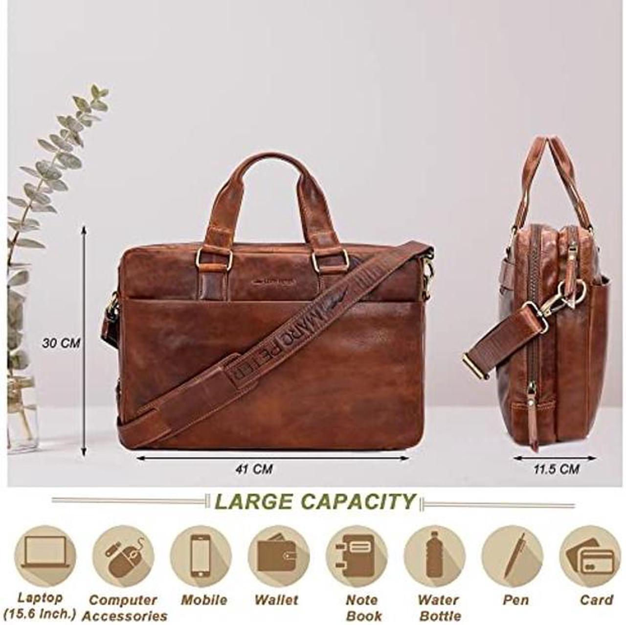 Alt view image 5 of 5 - MARC PETER Sydney Tan Genuine Leather Shoulder Bag for Men | 15.6 inch Laptop Bag for Men | Briefcase Bag for Men