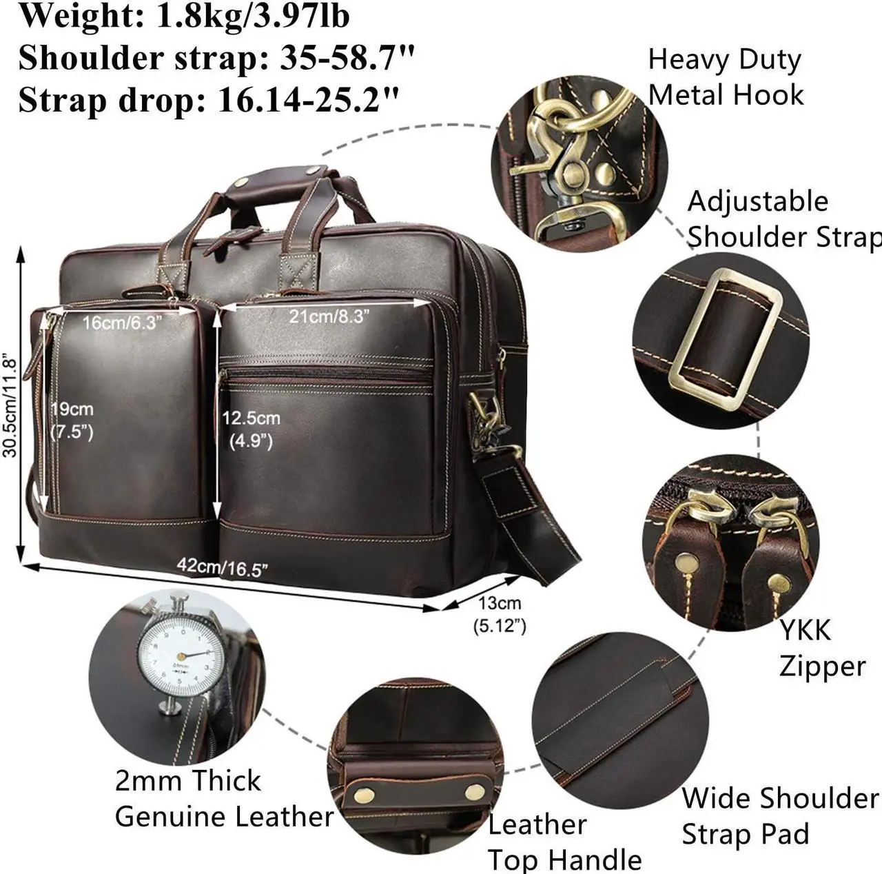 Alt view image 4 of 5 - Masa Kawa Leather Briefcase for Men Expandable Large Vintage 17 Inch Laptop Messenger Bag Crossbody Shoulder Business Travel Duffel Bags Attache Case