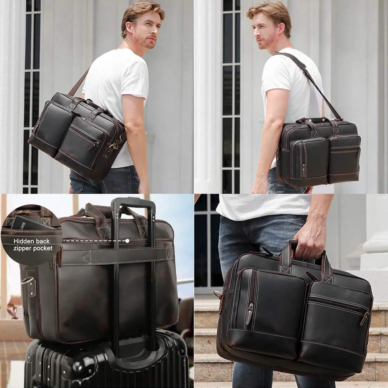 Alt view image 3 of 5 - Masa Kawa Leather Briefcase for Men Expandable Large Vintage 17 Inch Laptop Messenger Bag Crossbody Shoulder Business Travel Duffel Bags Attache Case