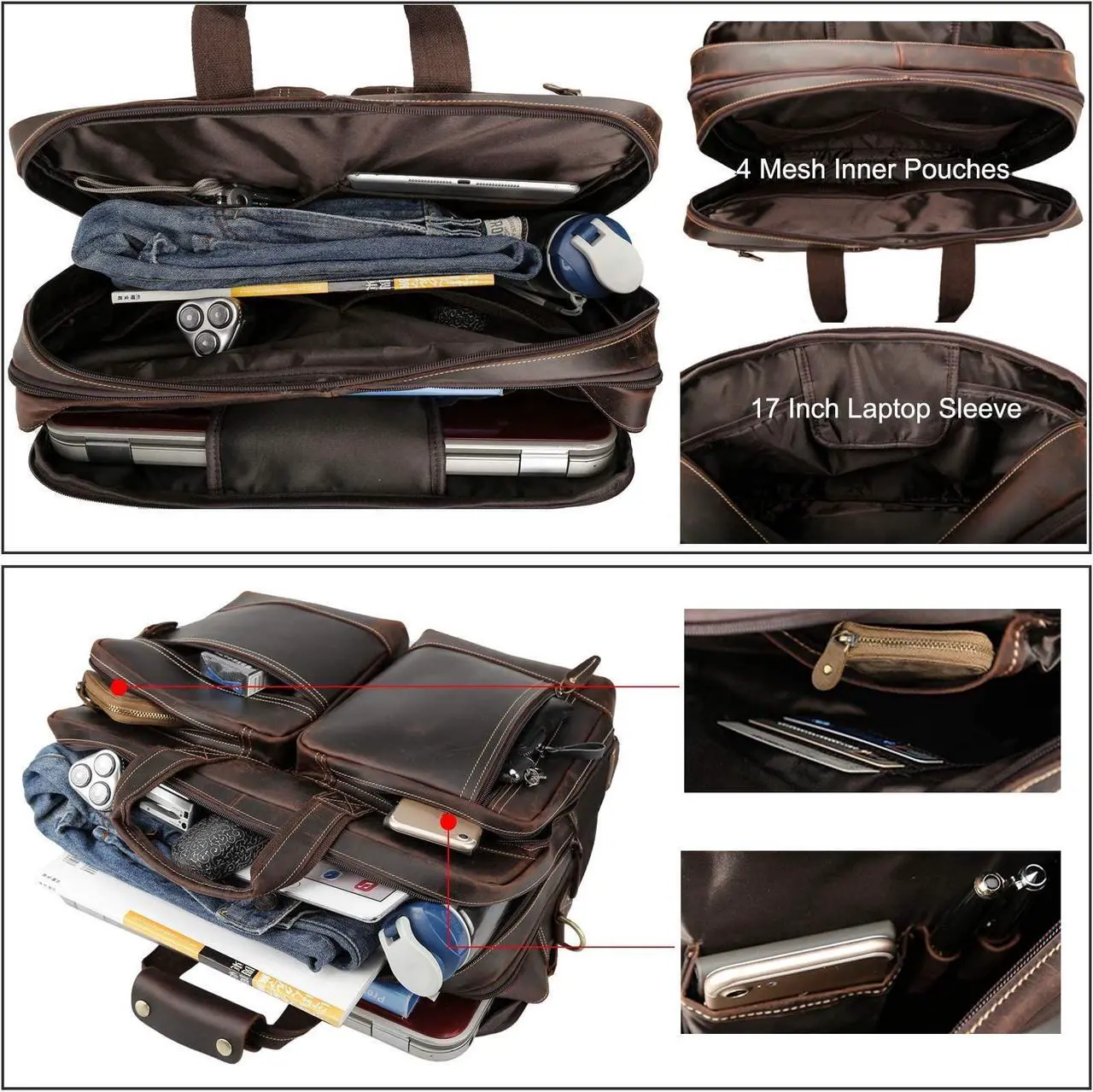 Alt view image 5 of 5 - Masa Kawa Leather Briefcase for Men Expandable Large Vintage 17 Inch Laptop Messenger Bag Crossbody Shoulder Business Travel Duffel Bags Attache Case