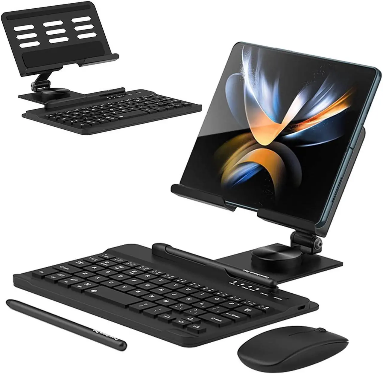Main image of Enituo Wireless Bluetooth Keyboard & Stand Holder for Samsung Galaxy Z Fold 5 4 3 & Pixel Fold, Portable Travel Keyboard Set for Tablet iPad Mini, Adjustable Foldable Desk Holder + Stylus Pen + Mouse