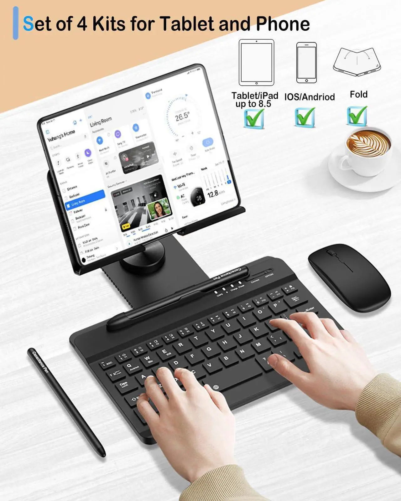Alt view image 2 of 5 - Enituo Wireless Bluetooth Keyboard & Stand Holder for Samsung Galaxy Z Fold 5 4 3 & Pixel Fold, Portable Travel Keyboard Set for Tablet iPad Mini, Adjustable Foldable Desk Holder + Stylus Pen + Mouse
