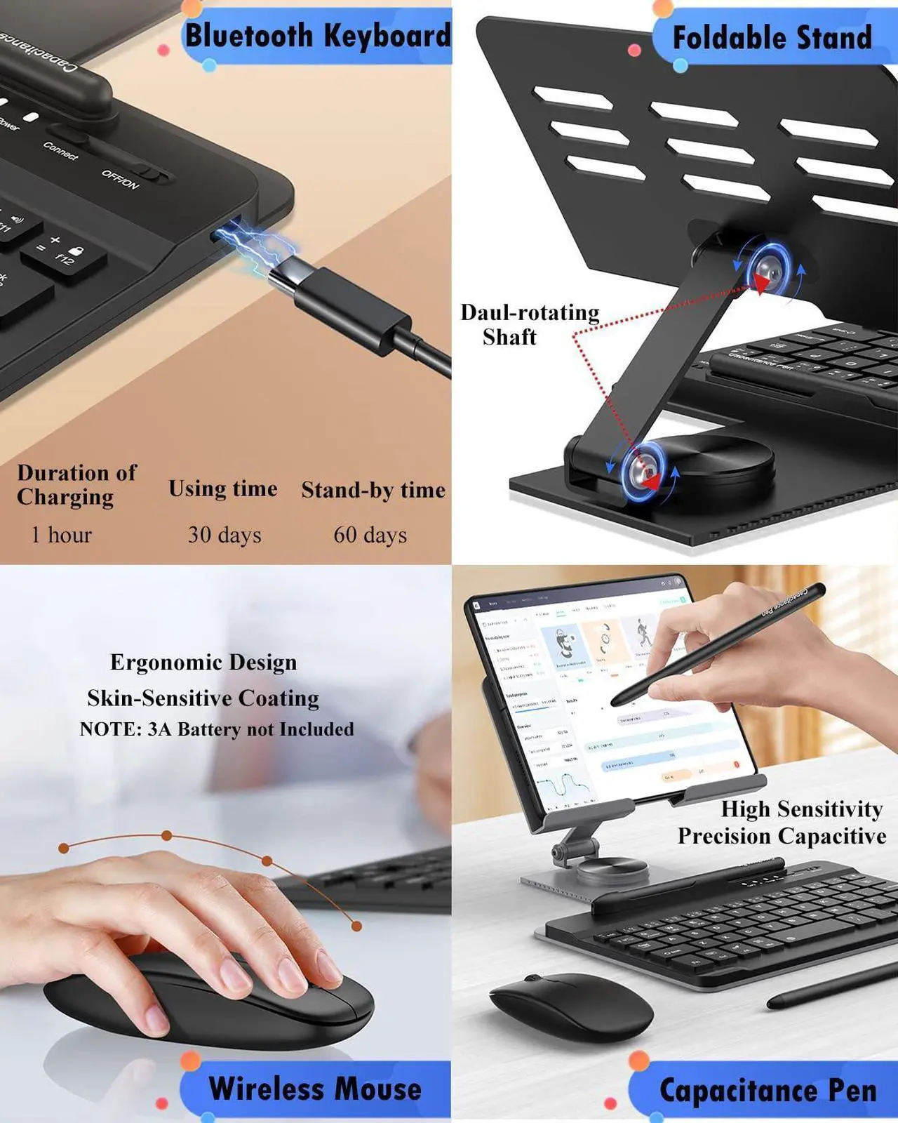Alt view image 3 of 5 - Enituo Wireless Bluetooth Keyboard & Stand Holder for Samsung Galaxy Z Fold 5 4 3 & Pixel Fold, Portable Travel Keyboard Set for Tablet iPad Mini, Adjustable Foldable Desk Holder + Stylus Pen + Mouse