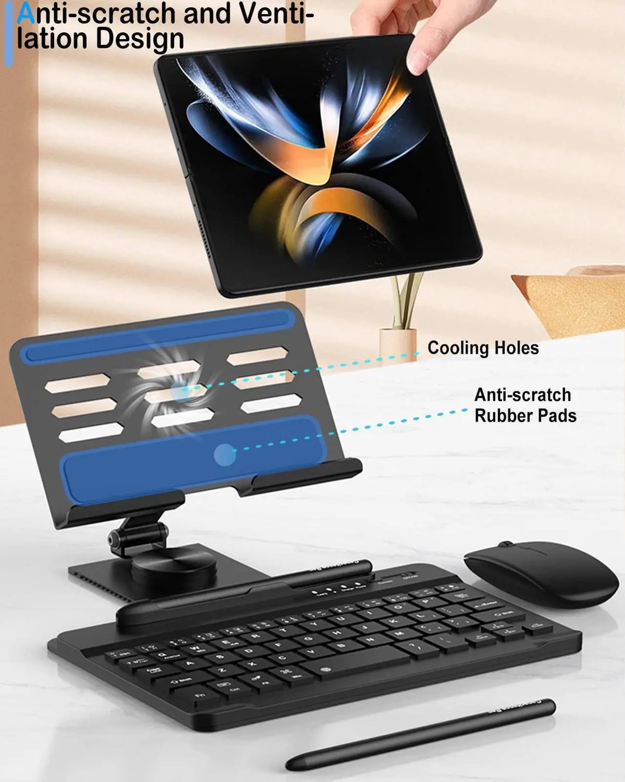 Alt view image 5 of 5 - Enituo Wireless Bluetooth Keyboard & Stand Holder for Samsung Galaxy Z Fold 5 4 3 & Pixel Fold, Portable Travel Keyboard Set for Tablet iPad Mini, Adjustable Foldable Desk Holder + Stylus Pen + Mouse