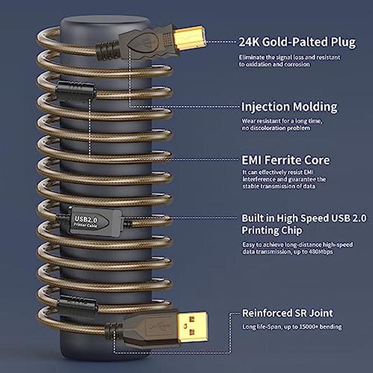 Alt view image 5 of 5 - GOSYSONG Printer Cable 150ft, USB 2.0 USB A to B Printer Cord, Scanner Cord, High Speed Active USB Printer Cable,Printer USB Cable Compatible with Printer, Scanner, Fax Machine