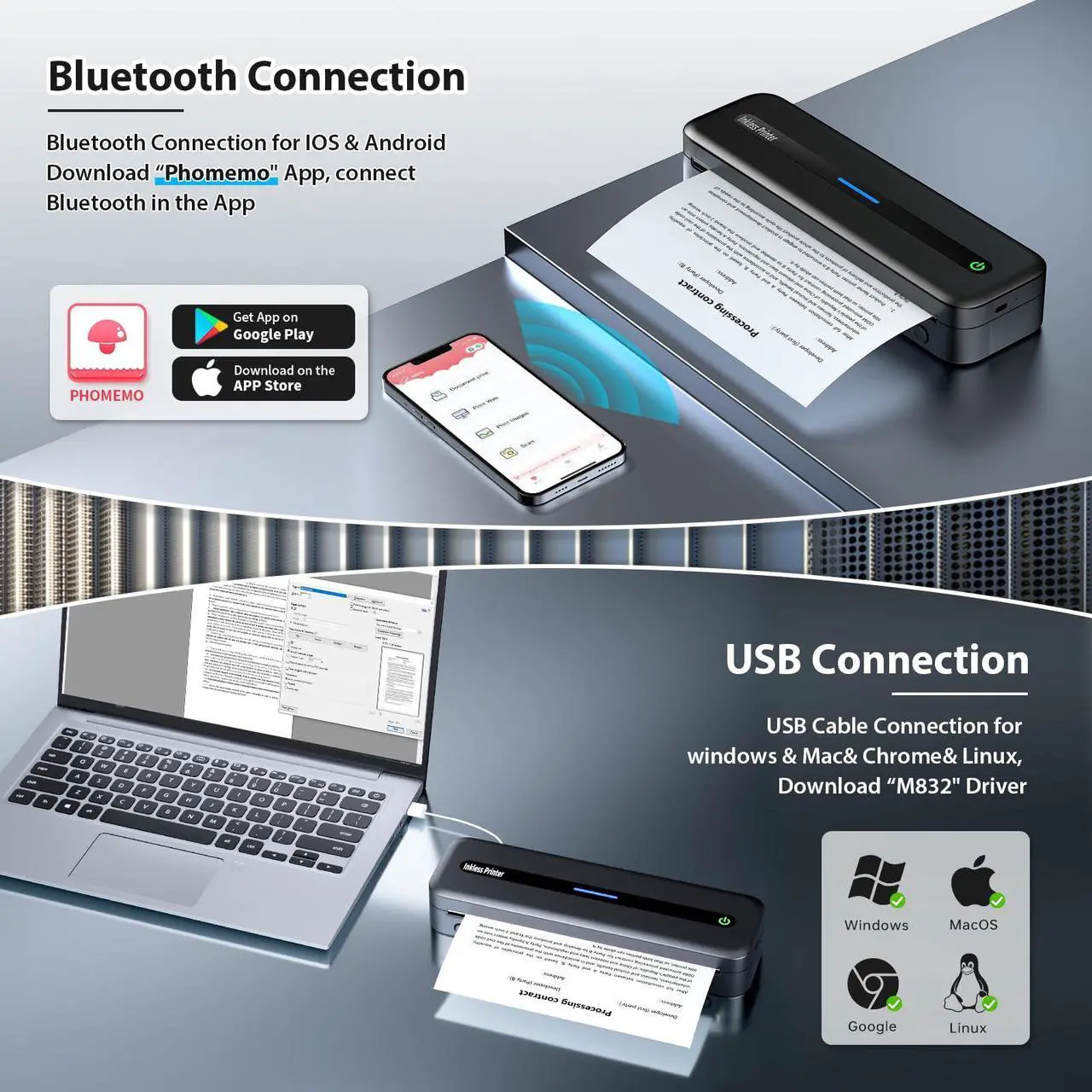 Alt view image 2 of 5 - Ponek Travel Printer, Portable Printers Wireless for Travel, M832 Bluetooth Printer for iPhone & Laptop, Support 8.5"x11" US Letter/A4/4/3/2" Paper, Portable Wireless Printer for Office, Car, Home