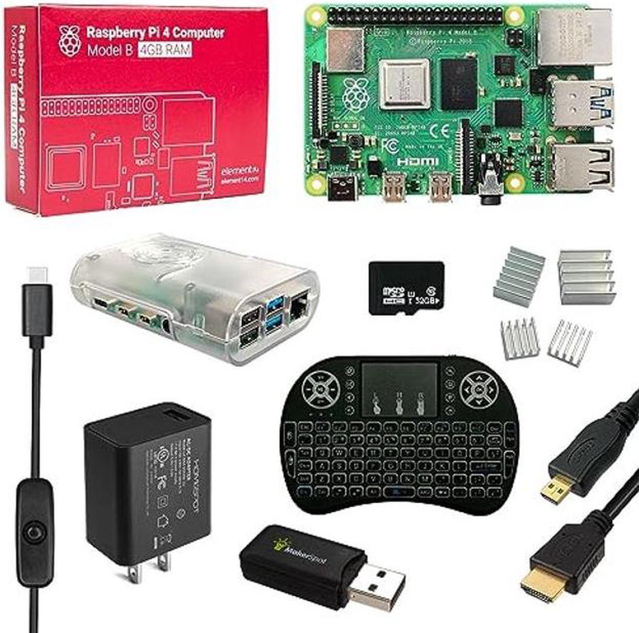 Main image of MakerSpot, Raspberry Pi 4 Model B Starter Kit with 5v3a UL Listed Charger HDMI Cable Heat Sink, 32GB MicroSD Card & Mini Wireless Keyboard