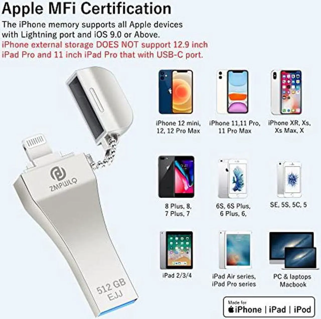 Alt view image 4 of 5 - PL ZMPWLQ Apple MFi Certified 512GB iPhone-Photo-Stick External-iPhone-Storage Thumb-Drive-iPad Backup USB-Flash-Drive-iPhone-Mobile-Photo-Storage USB Memory Stick for iPhone/iPad/Laptop/PC 1PC