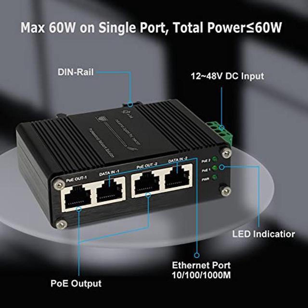 Alt view image 2 of 5 - Industrial 2 Ports PoE Injector, Hardened Gigabit 30W PoE+ Injector IEEE802.3 at POE Adapter POE Midspan Max 60W Single Port Power Over Ethernet with 12-48V DC Input DIN Rail Mount