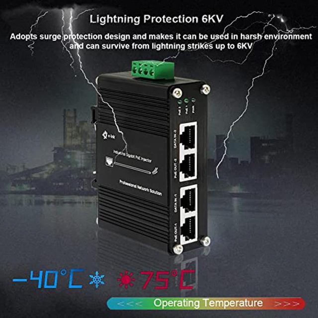 Alt view image 5 of 5 - Industrial 2 Ports PoE Injector, Hardened Gigabit 30W PoE+ Injector IEEE802.3 at POE Adapter POE Midspan Max 60W Single Port Power Over Ethernet with 12-48V DC Input DIN Rail Mount