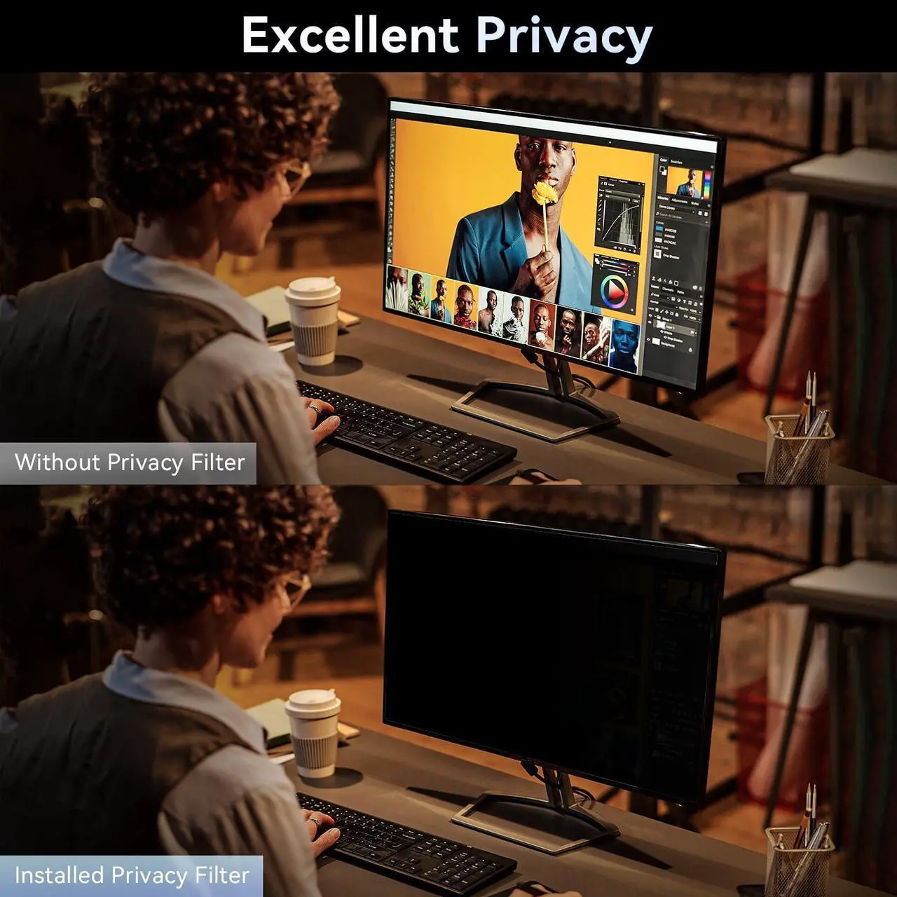 Alt view image 2 of 5 - Protescreen [2-Pack 28 Inch Computer Privacy Screen Filter for 16:9 Widescreen Monitor, Removable Eye Protection Anti Glare Blue Light Filter Privacy Shield, Anti Spy Screen Protector Film 28 In
