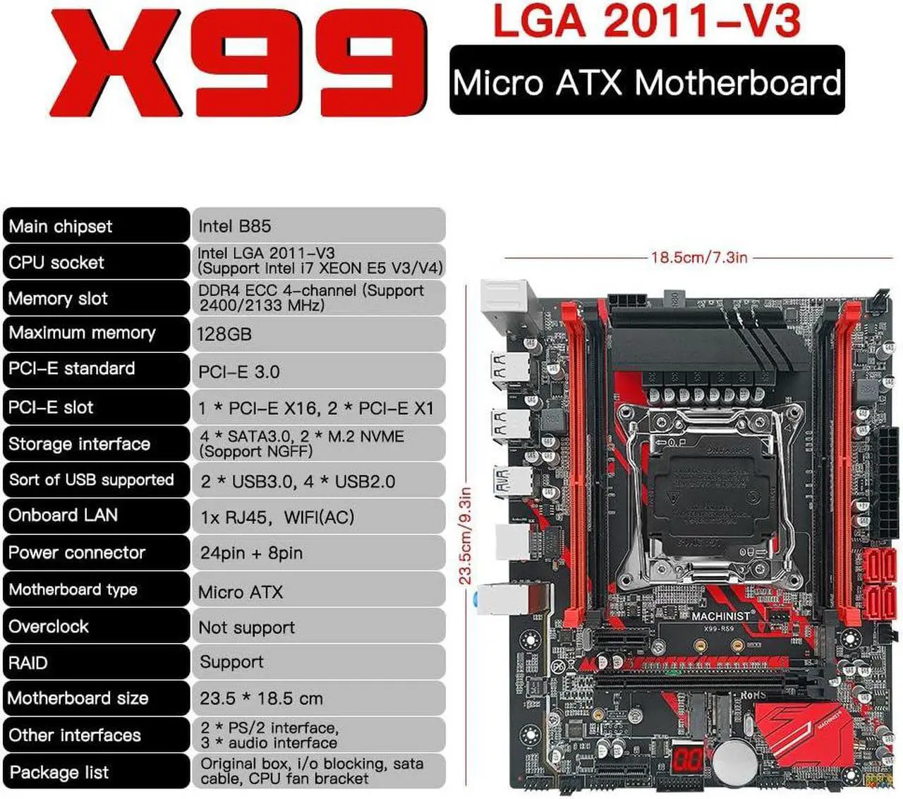 Alt view image 4 of 5 - MACHINIST X99 LGA 2011-V3 Motherboard, Intel Micro ATX (Intel 5th/6th Gen) PC Server Motherboard with Diagnostic Card (PCIe 3.0, Dual M.2 Slots, 4 Channel DDR4, SATA 6Gb/s) Intel i7 XEON E5 V3/V4