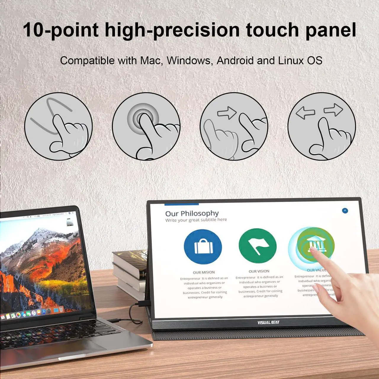 Alt view image 2 of 5 - Visual Beat Portable Monitor Touch Screen 15.6'' 1080P USB-C HDMI Computer Display HDR IPS Eye Care Screen 100% sRGB with Smart Cover, Dual Speakers for Laptop PC Mac Phone PS4/5 Xbox Switch