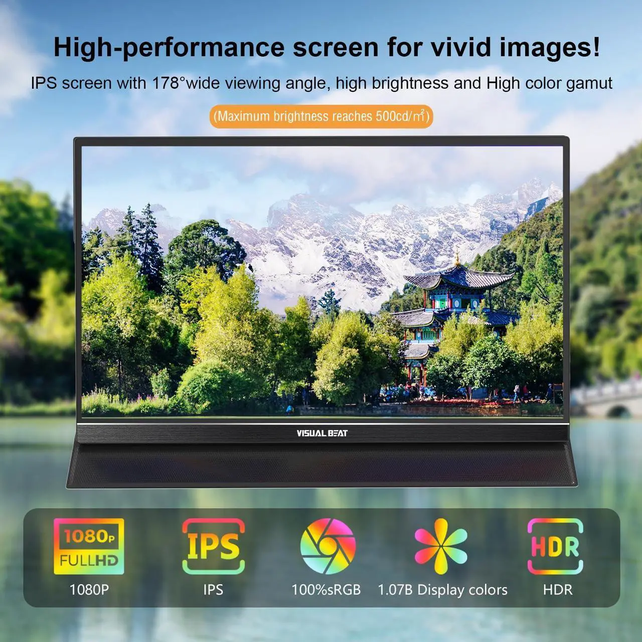 Alt view image 4 of 5 - Visual Beat Portable Monitor Touch Screen 15.6'' 1080P USB-C HDMI Computer Display HDR IPS Eye Care Screen 100% sRGB with Smart Cover, Dual Speakers for Laptop PC Mac Phone PS4/5 Xbox Switch