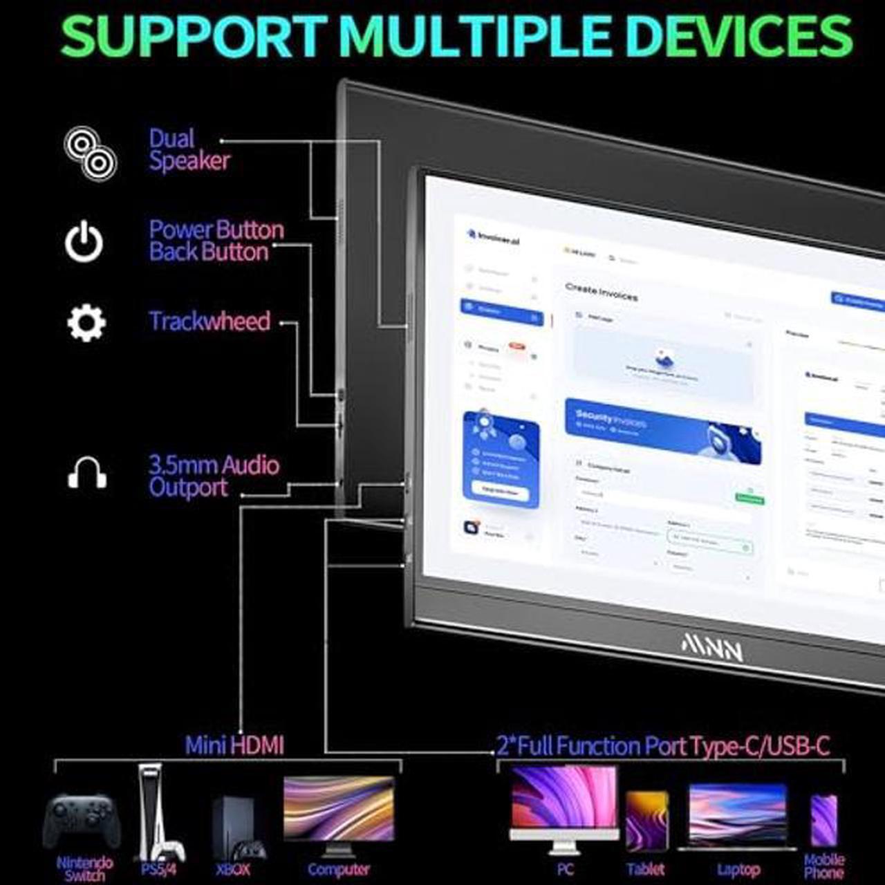 Alt view image 3 of 5 - MNN Portable Monitor 15.6inch FHD 1080P USB C HDMI Gaming Ultra-Slim IPS Display w/Smart Cover & Speakers,HDR Plug&Play, External Monitor for Laptop PC Phone Mac Xbox (15.6'' 1080P)