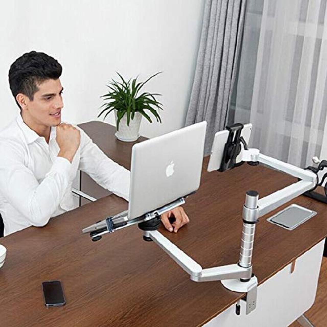 Alt view image 3 of 5 - OA-9X Desktop Clamping Full Motion Dual Arm Laptop Holder for All Notebook 10-15 inch and All Tablet PC 7-10 inch