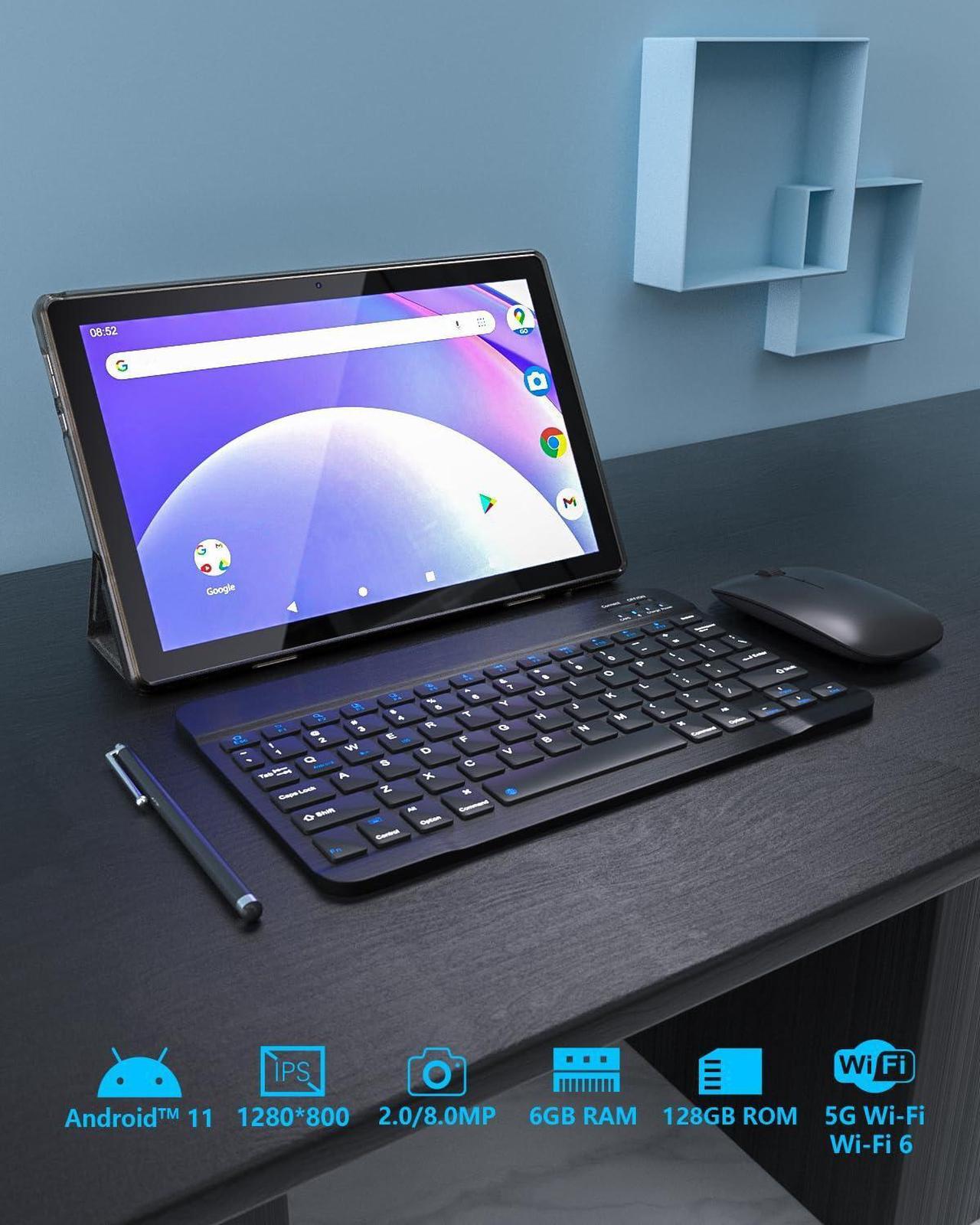 Alt view image 2 of 5 - Android Tablet 10 Inch Tablets, 2 in 1 Tablet With Keyboard Include Mouse Case Stylus Tempered Film 5G Wifi Wifi6 128GB ROM+6GB RAM 10 IN IPS 8MP Camera 6000mAh Battery 10.1" FHD Android 11 Tab Black