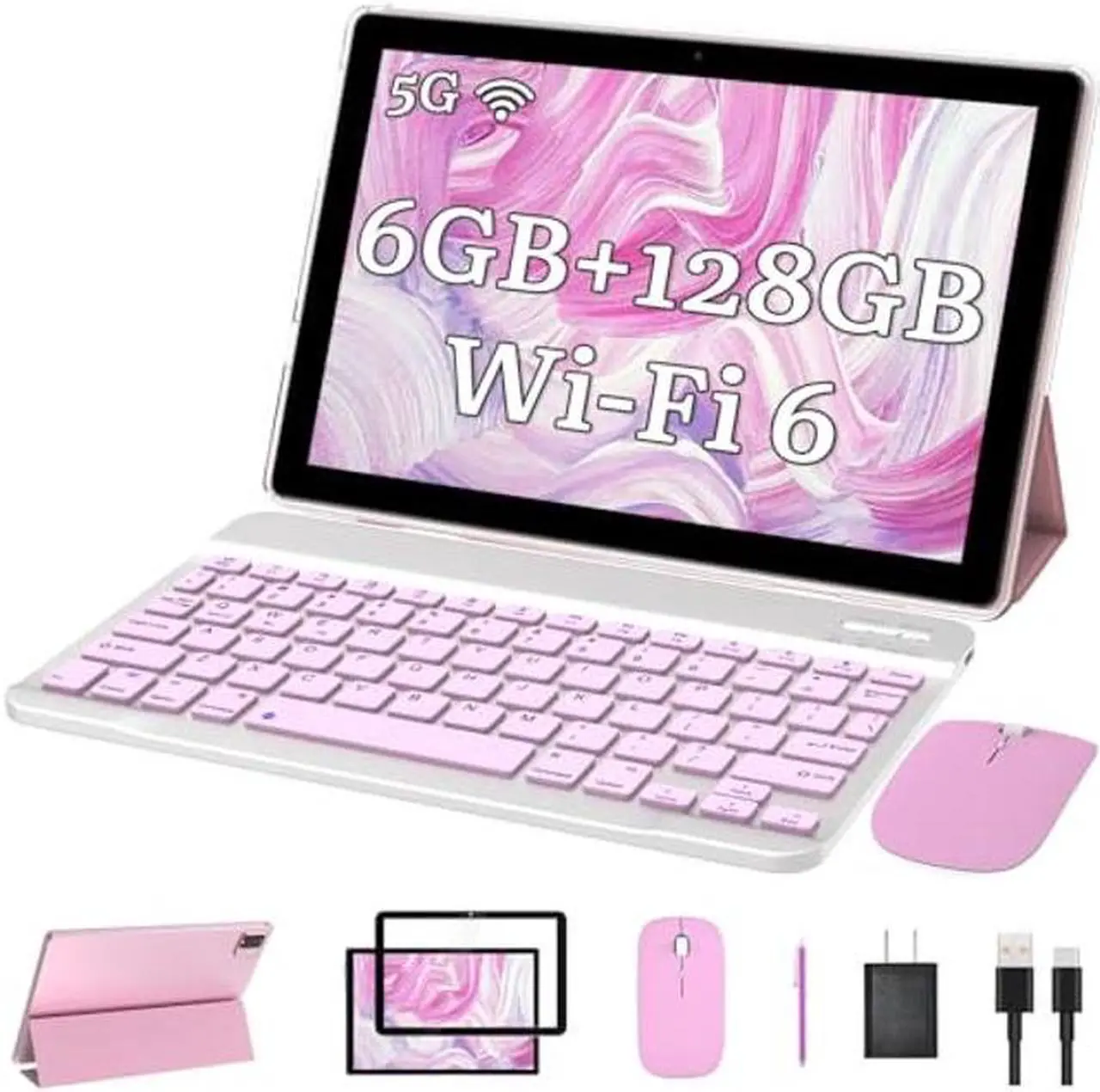 Main image of Tablet With Keyboard 2 in 1 Tablet Android Tablet 10 Inch Tablets, Include Mouse Case Stylus Tempered Film 5G Wifi Wifi6 128GB ROM+6GB RAM 10 IN IPS 8MP Camera 6000mAh Battery 10.1" FHD Android 11 Tab