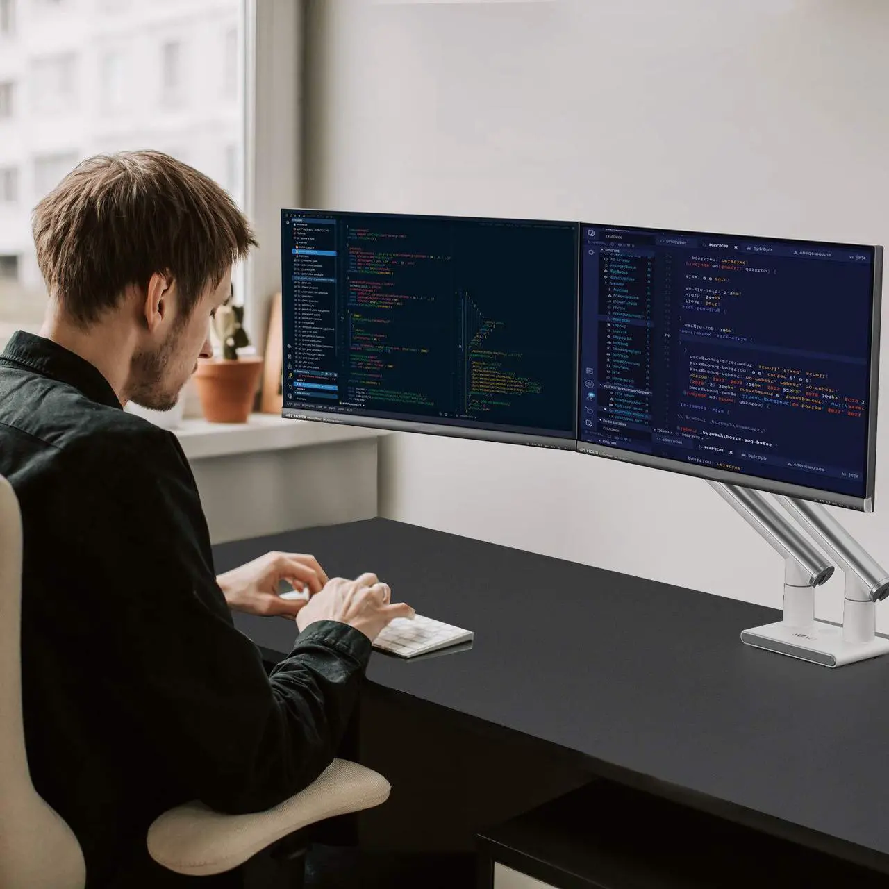 Alt view image 2 of 5 - WALI Bundle - 2 Items: Dual Monitor Stand White Arms and Steel Reinforcement Plate