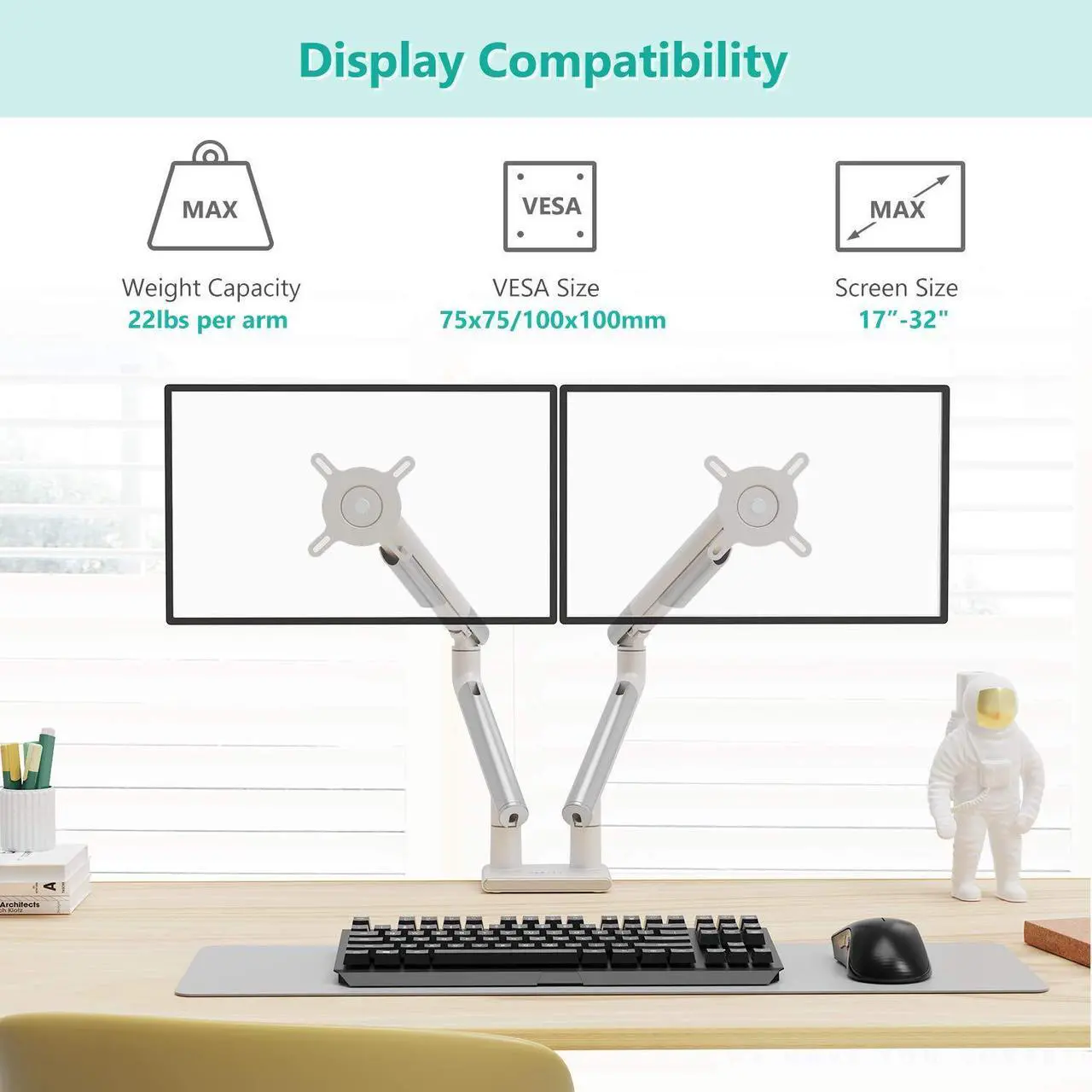 Alt view image 4 of 5 - WALI Bundle - 2 Items: Dual Monitor Stand White Arms and Steel Reinforcement Plate