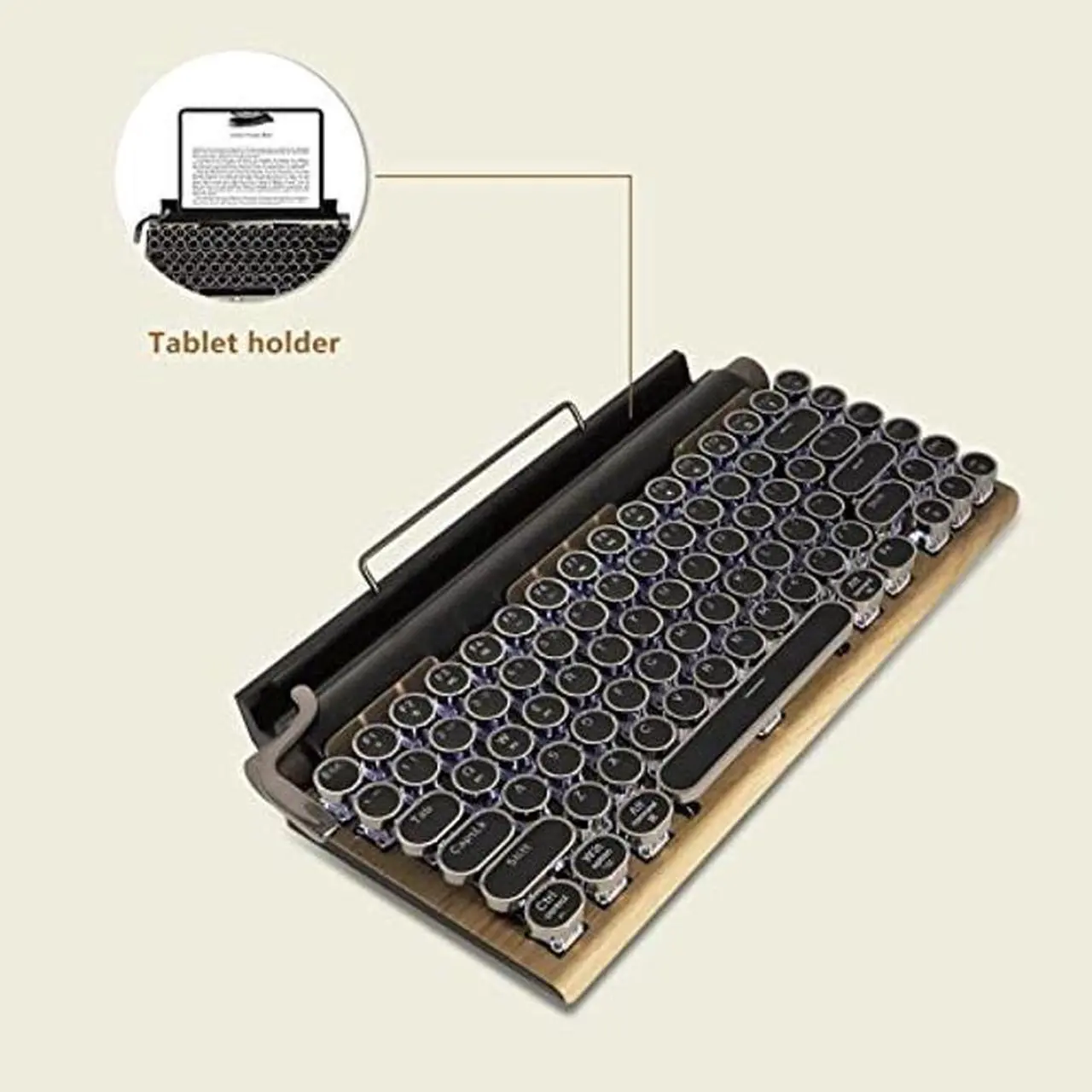 Alt view image 4 of 5 - Adventurers Typewriter-Style Retro Mechanical Keyboard LED Backlight 83 Keys Bluetooth 5.0 Blue Axis Wood Color Panel Compatible with iOS/Android/Windows/Vista/Linux/Mac Office/Gaming, 12.8x6.6x1.6in