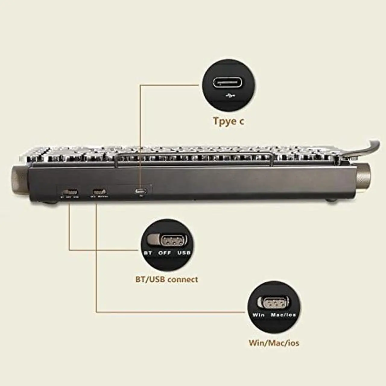 Alt view image 5 of 5 - Adventurers Typewriter-Style Retro Mechanical Keyboard LED Backlight 83 Keys Bluetooth 5.0 Blue Axis Wood Color Panel Compatible with iOS/Android/Windows/Vista/Linux/Mac Office/Gaming, 12.8x6.6x1.6in