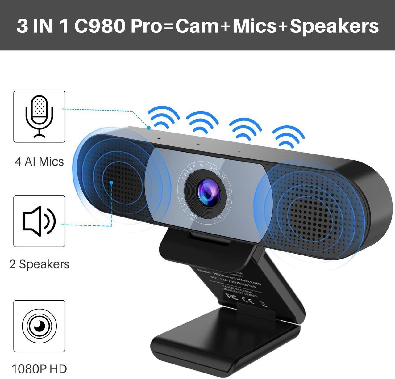 Alt view image 2 of 5 - EMEET 3 in 1 Webcam - Streaming Webcam with Microphone, 2 Speakers & 4 Built-in Noise Reduction Microphones, C980 Pro 1080P HD Webcam for Video Conferencing/Gaming, Plug & Play, w/Cover - Gray