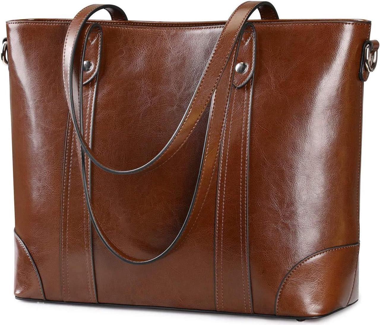 Main image of S-ZONE Leather Tote Bag for Women Office Shoulder Handbag 15.6 Inch Work Laptop Briefcase (Dark Brown)
