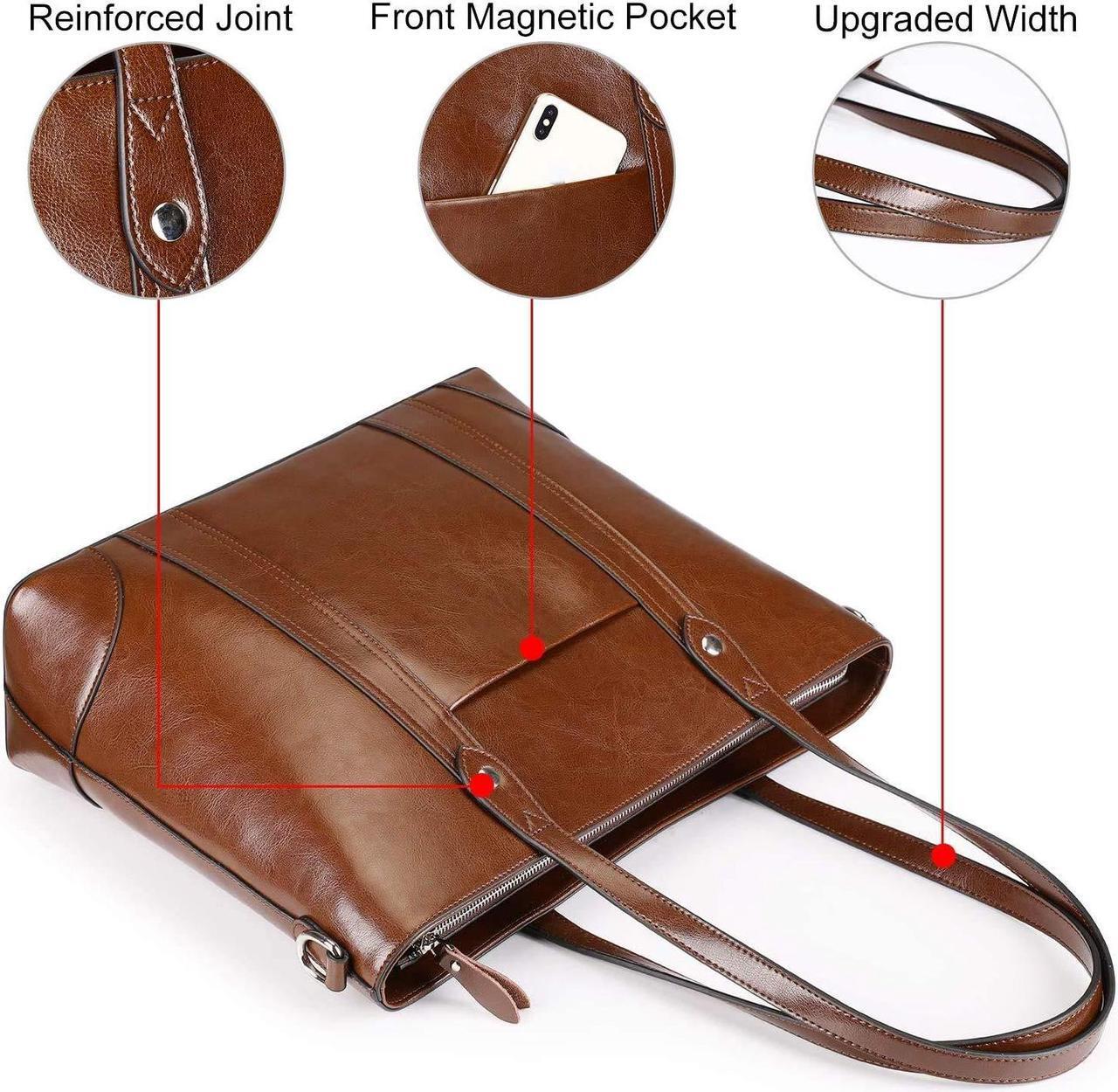 Alt view image 4 of 5 - S-ZONE Leather Tote Bag for Women Office Shoulder Handbag 15.6 Inch Work Laptop Briefcase (Dark Brown)