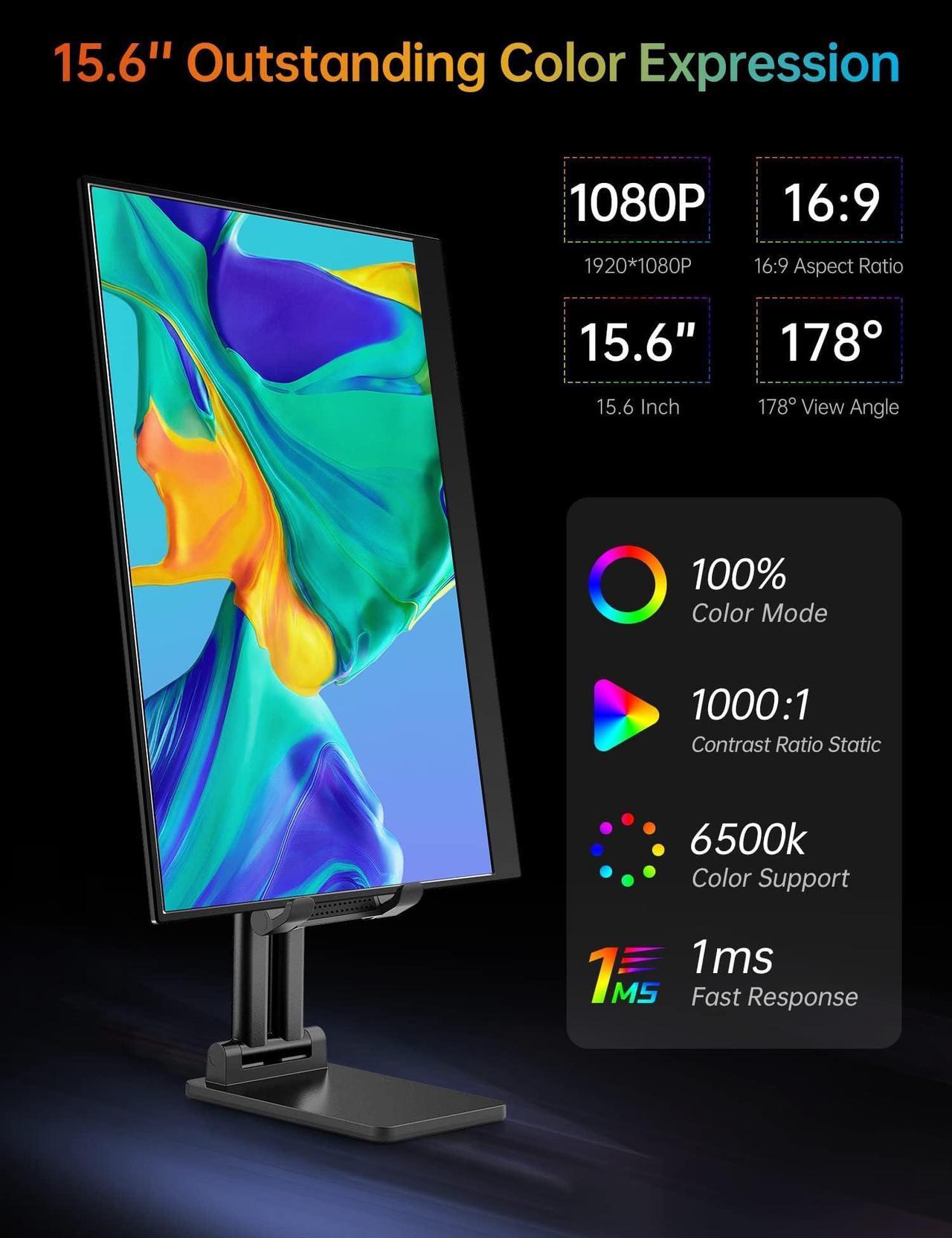 Alt view image 2 of 5 - VILVA Portable-Monitor-for-Laptop - 15.6'' 1080P FHD IPS Display USB-C&HDMI Portable Monitor for Laptop with Cover and Speakers External Monitor for Laptop/PC/Mac/Phone/Xbox Switch/PS4