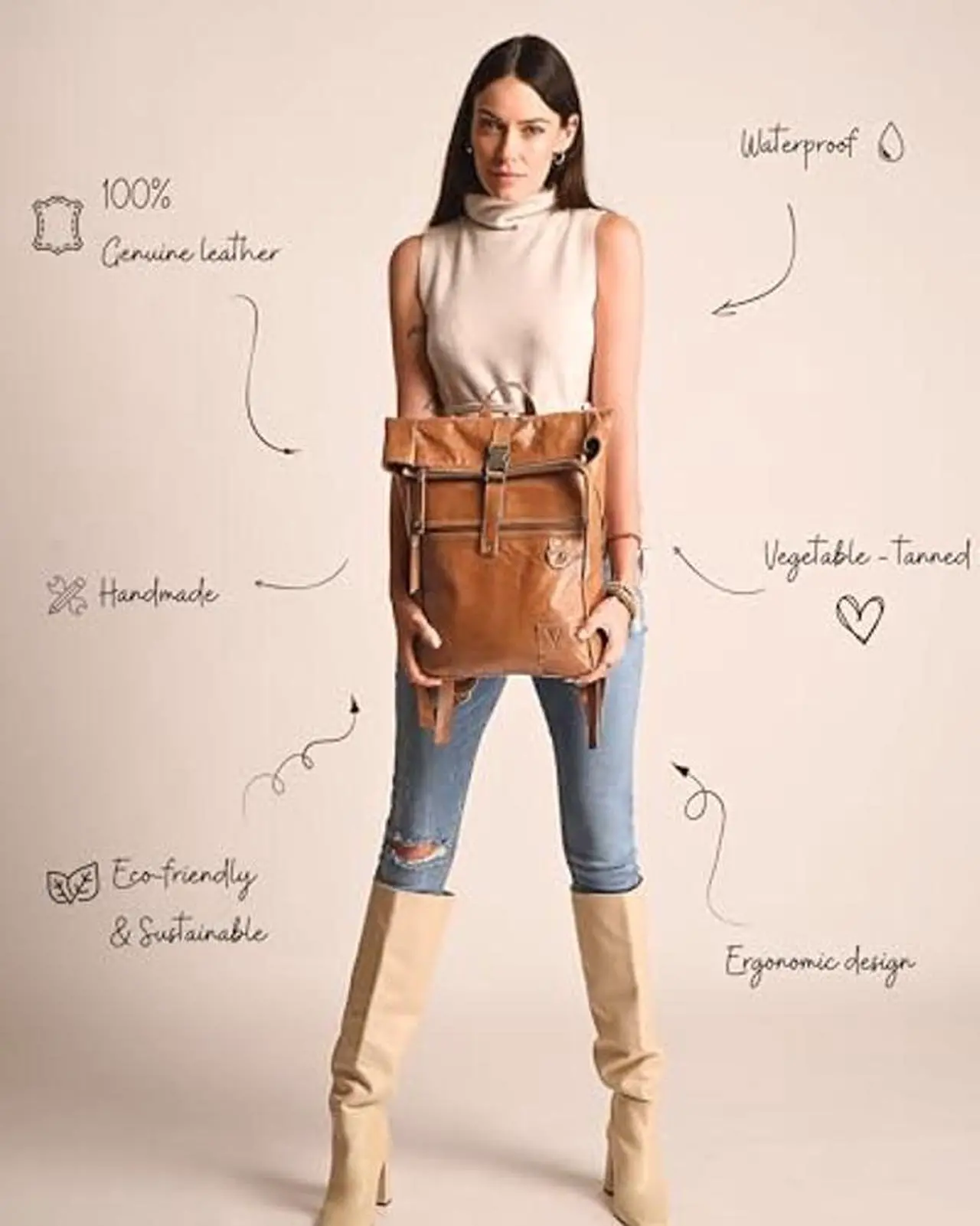 Alt view image 2 of 5 - Volksy Bags Genuine Leather Backpack for Women, Roll Top Backpack, Laptop Bookbag, Roll On Vintage Rucksack for College, Work & Travel, Brown, Medium - 15.3 Inch