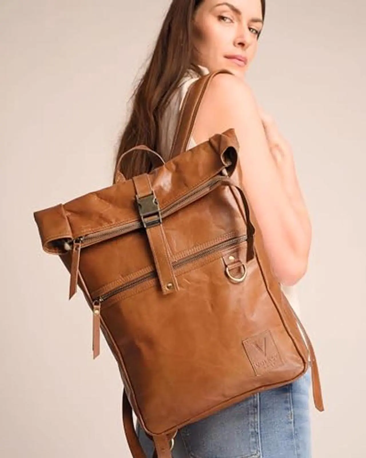 Alt view image 5 of 5 - Volksy Bags Genuine Leather Backpack for Women, Roll Top Backpack, Laptop Bookbag, Roll On Vintage Rucksack for College, Work & Travel, Brown, Medium - 15.3 Inch