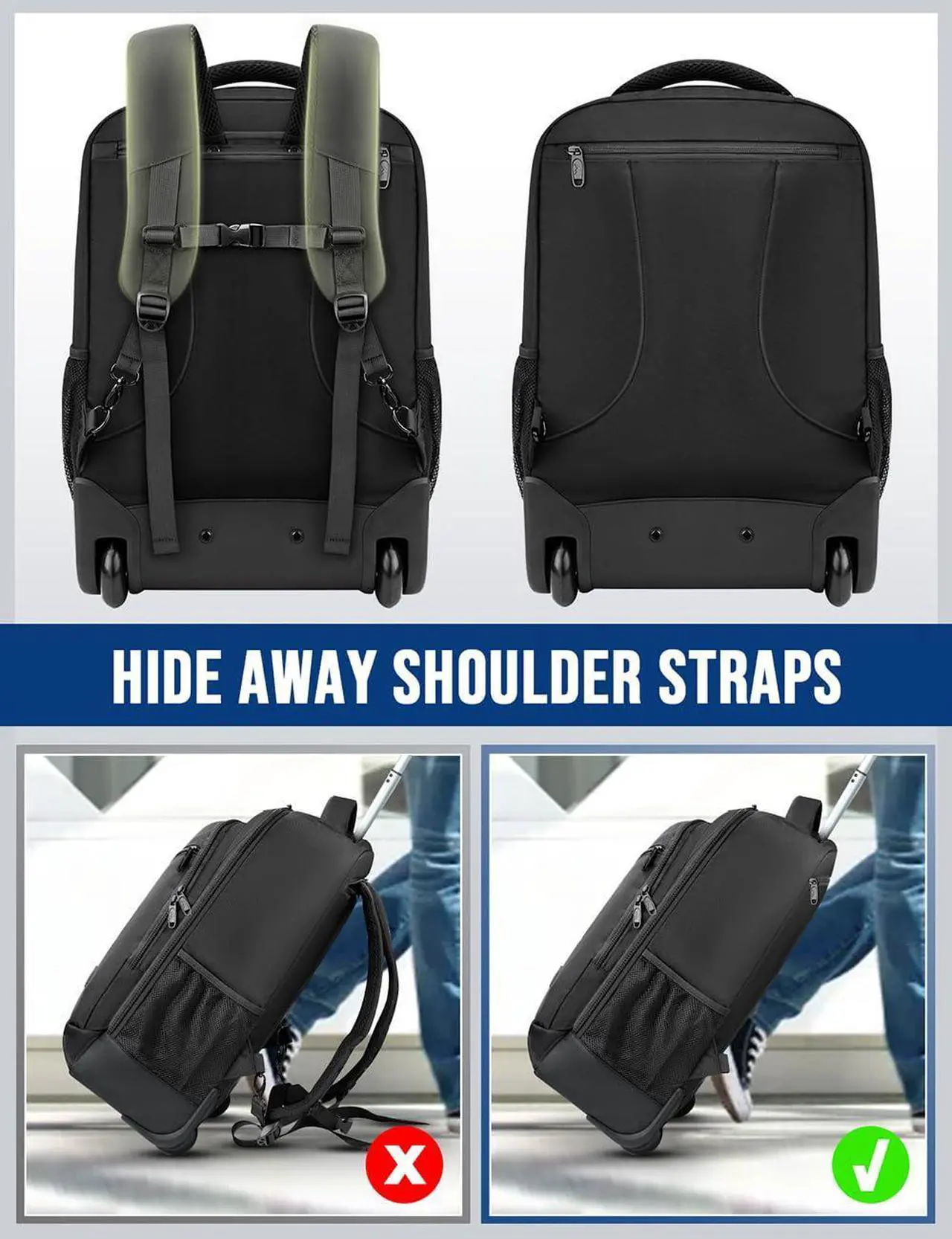 Alt view image 4 of 5 - MATEIN Rolling Backpack Carry On Luggage, 17 inch Travel Laptop Backpack with Wheels for Men Women, Water Resistant Wheeled Rucksack Airline Approved Roller Bag, Traveler Gifts, Black