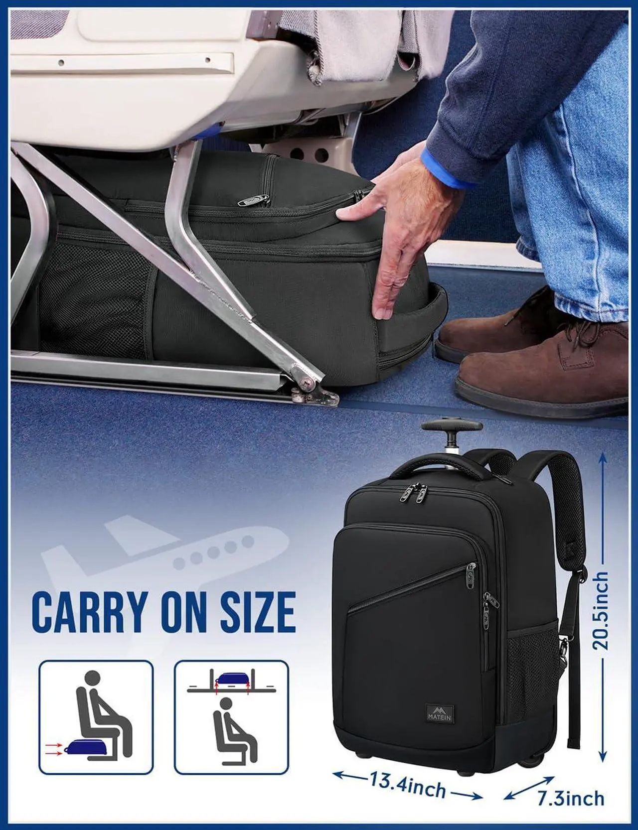 Alt view image 5 of 5 - MATEIN Rolling Backpack Carry On Luggage, 17 inch Travel Laptop Backpack with Wheels for Men Women, Water Resistant Wheeled Rucksack Airline Approved Roller Bag, Traveler Gifts, Black
