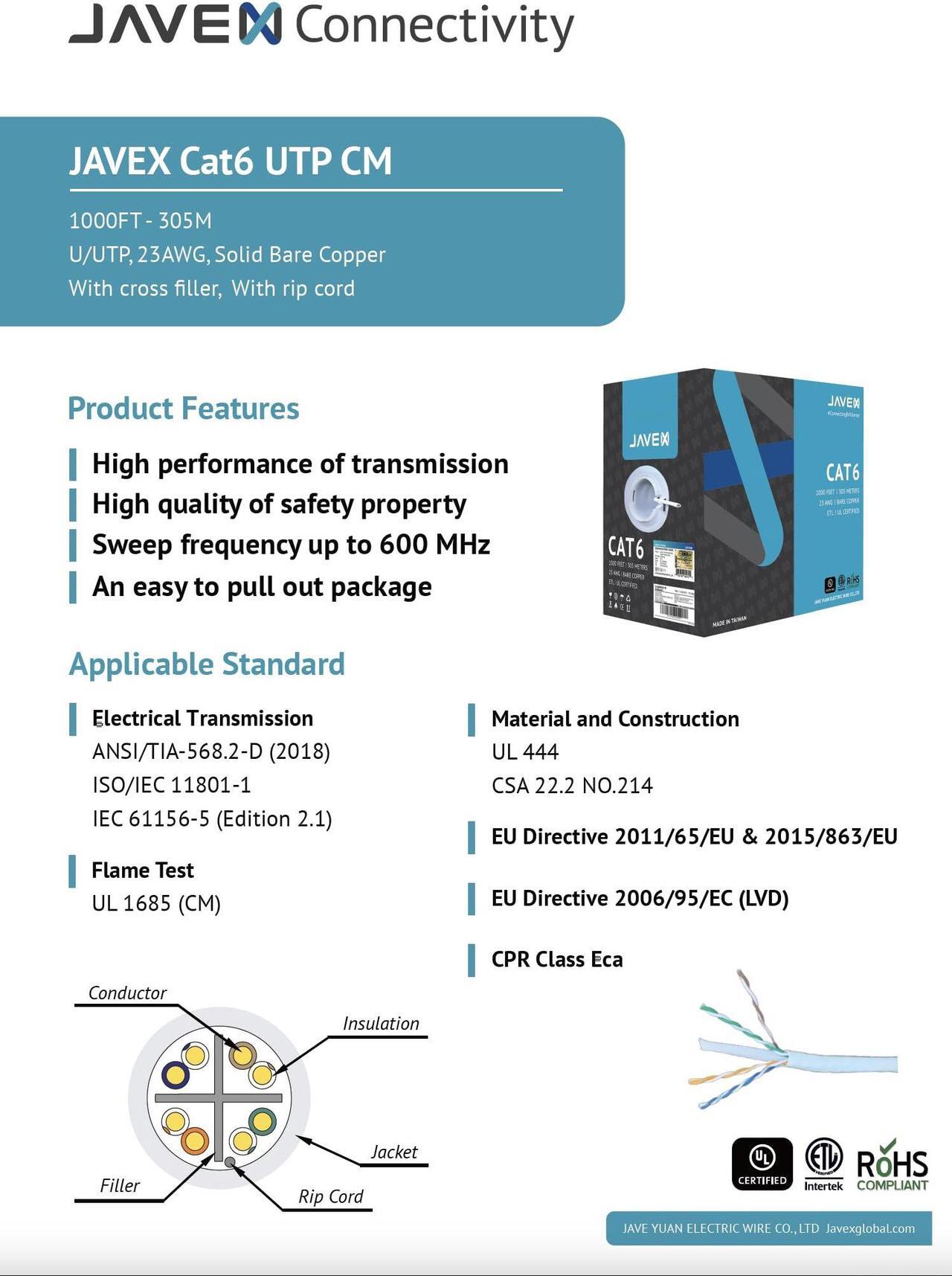 Alt view image 4 of 5 - JAVEX 23AWG CAT6 UL in-Wall Rated Bare Copper 600MHz, ETL Listed, UTP Ethernet Bulk Cable, 1000 Feet, White