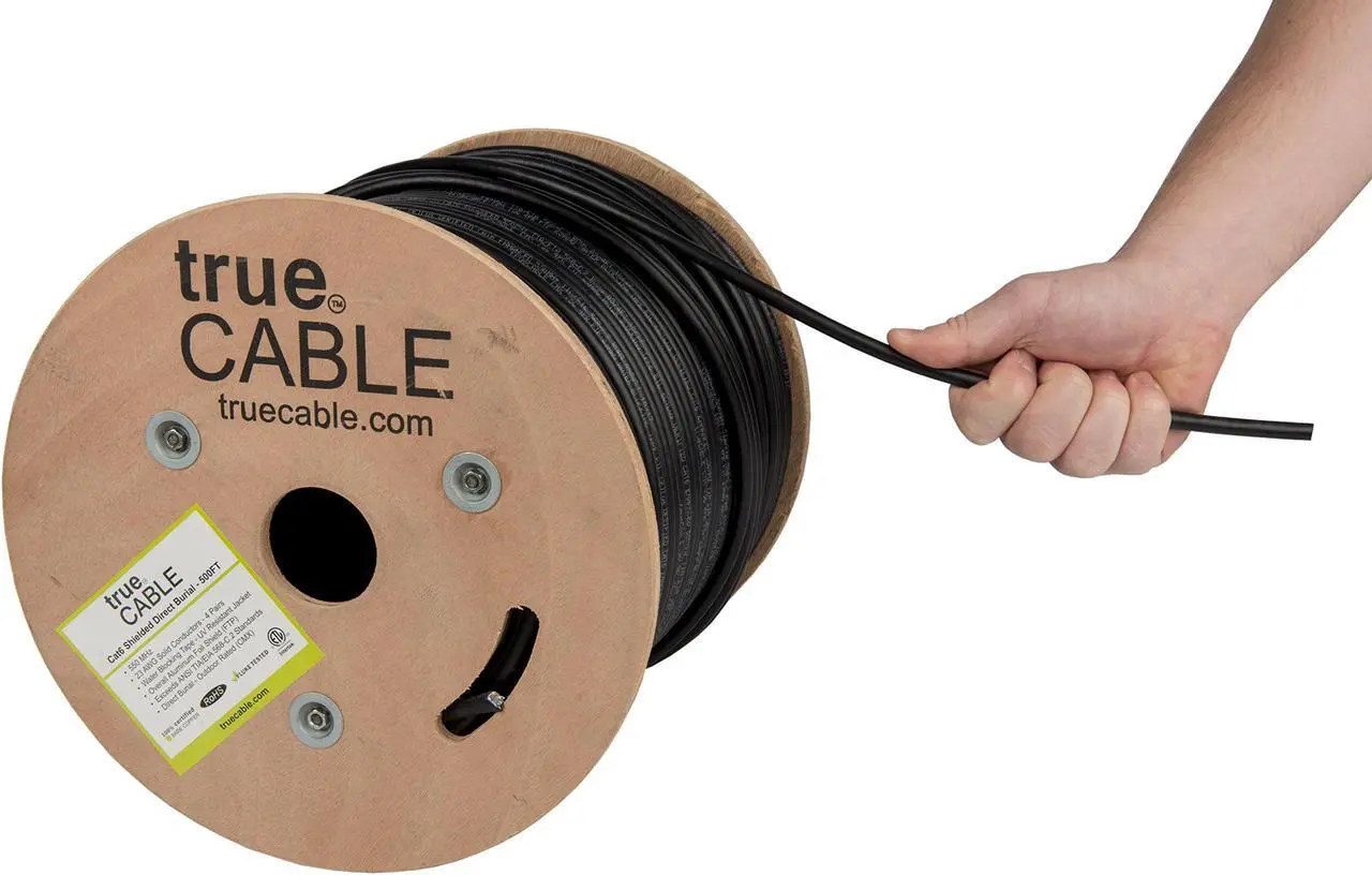 Main image of trueCABLE Cat6 Direct Burial, Shielded FTP, 500ft, Waterproof, Outdoor Rated CMX, Black, 23AWG Solid Bare Copper, 550MHz, PoE++ (4PPoE), ETL Listed, Bulk Ethernet Cable