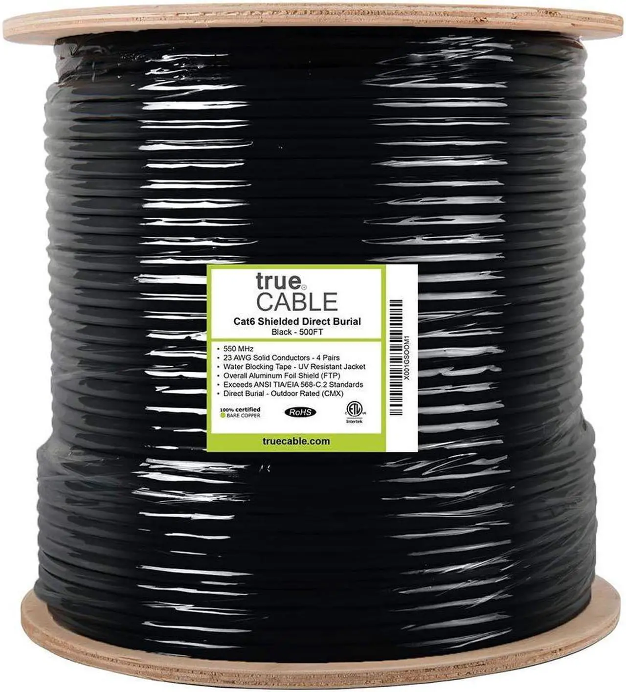 Alt view image 5 of 5 - trueCABLE Cat6 Direct Burial, Shielded FTP, 500ft, Waterproof, Outdoor Rated CMX, Black, 23AWG Solid Bare Copper, 550MHz, PoE++ (4PPoE), ETL Listed, Bulk Ethernet Cable