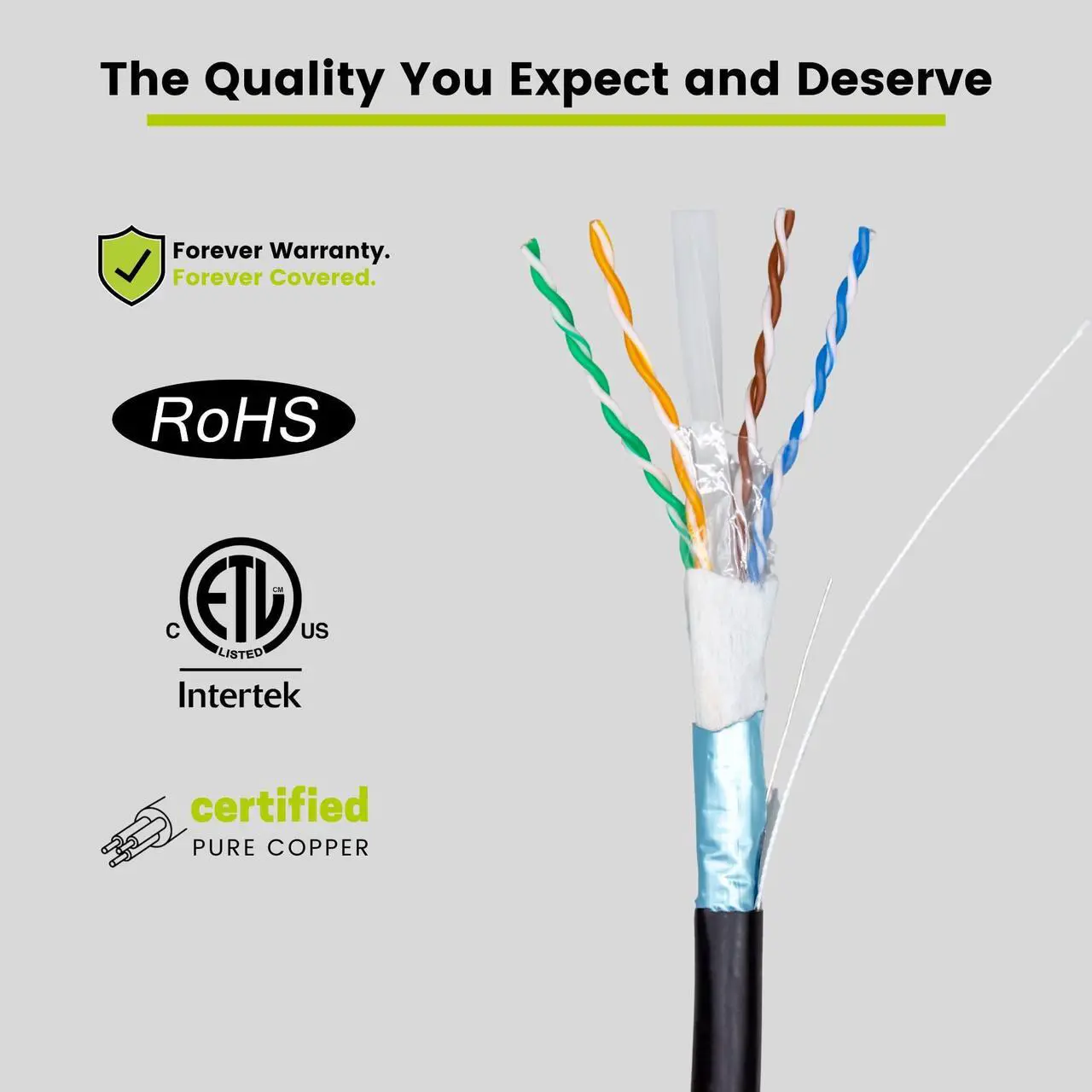 Alt view image 4 of 5 - trueCABLE Cat6 Direct Burial, Shielded FTP, 500ft, Waterproof, Outdoor Rated CMX, Black, 23AWG Solid Bare Copper, 550MHz, PoE++ (4PPoE), ETL Listed, Bulk Ethernet Cable