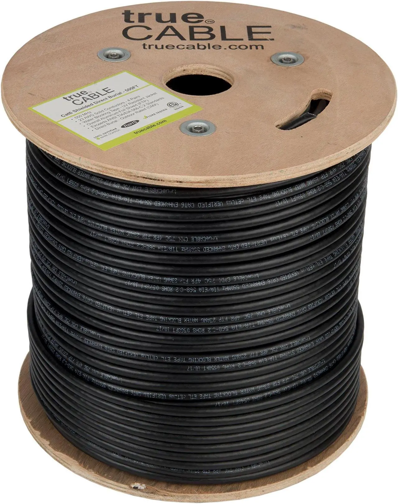 Alt view image 3 of 5 - trueCABLE Cat6 Direct Burial, Shielded FTP, 500ft, Waterproof, Outdoor Rated CMX, Black, 23AWG Solid Bare Copper, 550MHz, PoE++ (4PPoE), ETL Listed, Bulk Ethernet Cable